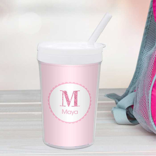 Spark & Spark A Shiny Pink Letter Toddler Cup, pink cup with white lid and straw, personalized with letter M and name Maya.