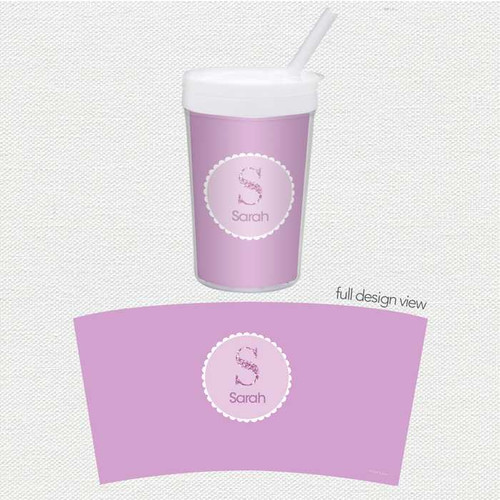 Spark & Spark A Shiny Purple Letter Toddler Cup, a purple plastic cup with a white lid, straw, and a personalized pink letter 'S' and name 'Sarah' on the design.