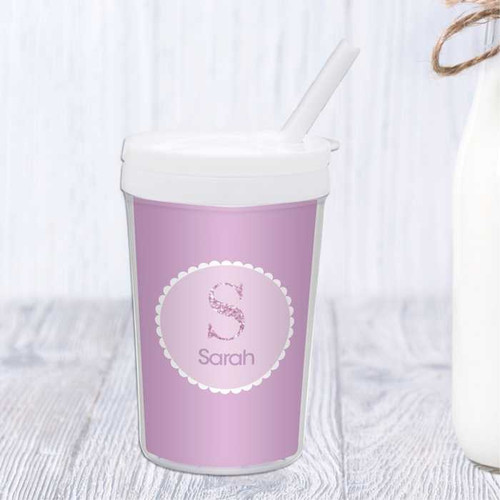 Spark & Spark A Shiny Purple Letter Toddler Cup, purple cup with white lid and straw personalized with an 'S' and the name Sarah.