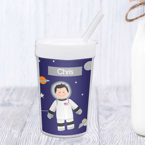 Spark & Spark Fly to the Moon Toddler Cup, personalized illustrated space-themed design with a smiling astronaut and planets.