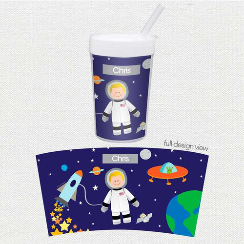 Spark & Spark Fly to the Moon Toddler Cup, personalized space-themed kids cup with astronaut design and rocket ship decoration.