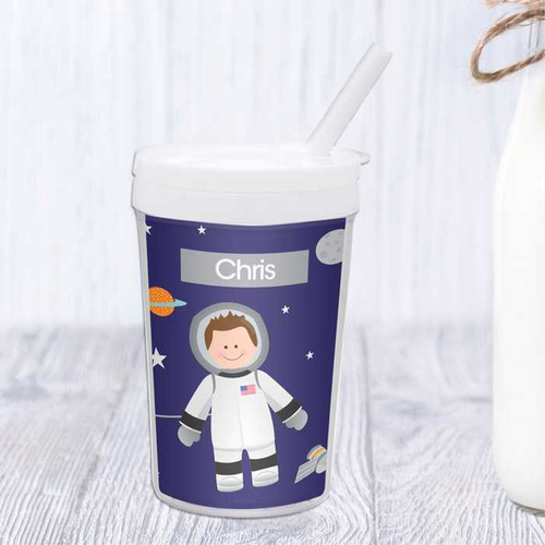 Spark & Spark Fly to the Moon Toddler Cup, personalized blue cup with an astronaut design, name 'Chris' on the label, and a straw.