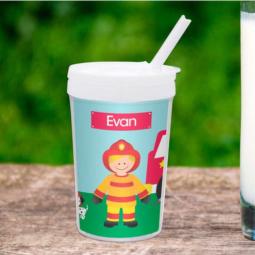 Spark & Spark Call a Firefighter Toddler Cup, customized with a child's name 'Evan' and firefighter graphic design.