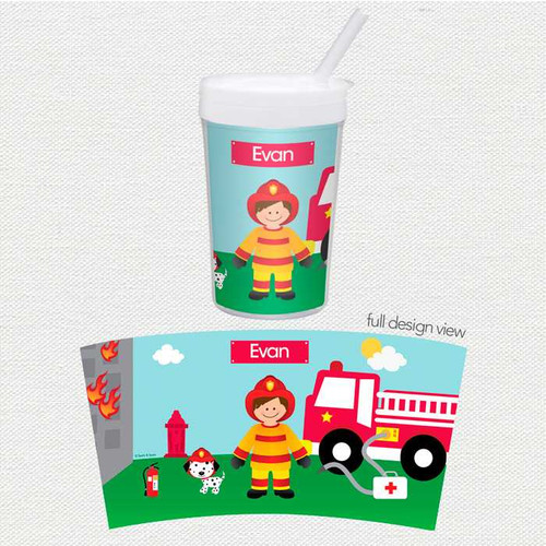 Spark & Spark Call a Firefighter Toddler Cup with a personalized name Evan, featuring a colorful firefighter character, fire truck, and fire station design.