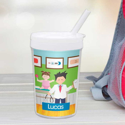 Spark & Spark Boy Doctor's Visit Toddler Cup, personalized with child's name and images of a doctor and a young girl, featuring a straw for easy drinking.