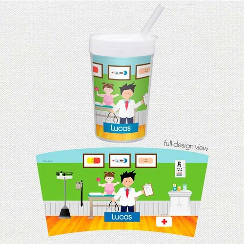 Spark & Spark Boy Doctor's Visit Toddler Cup, illustrated design of a young boy doctor in a medical setting with a girl patient and medical equipment.