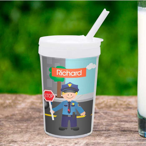 Spark & Spark Police on Duty Toddler Cup, colorful children's cup with a police officer graphic and customizable name 'Richard' on the side.