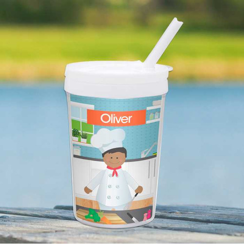 Spark & Spark A Chef's Taste Boy Toddler Cup, travel-friendly cup with a chef design and a straw, personalized with the name Oliver.