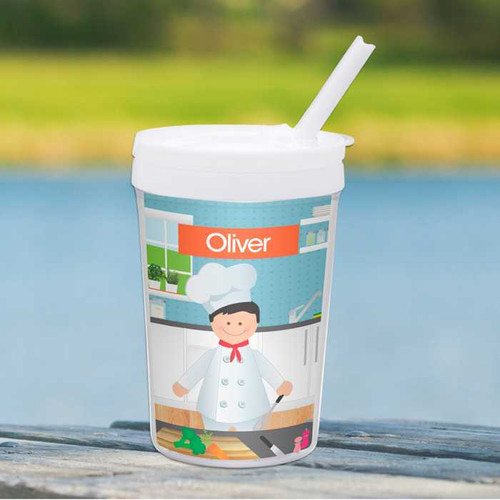 Spark & Spark A Chef's Taste Boy Toddler Cup, personalized children's cup featuring a chef theme with a cartoon chef illustration and the name Oliver on the design.