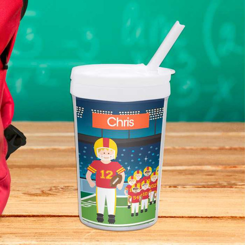 Spark & Spark Touchdown Toddler Cup, personalized with a football-themed design and child's name 'Chris' on the cup.