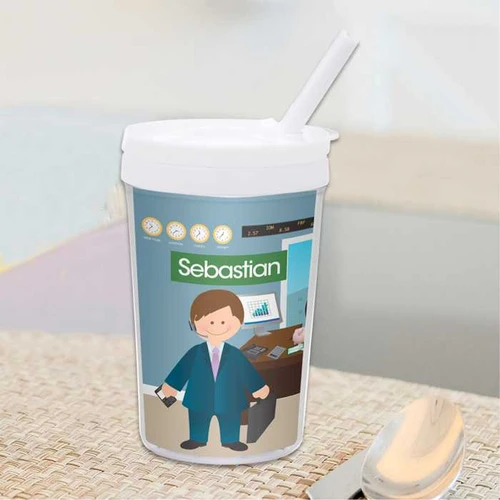 Spark & Spark A Boy Crunching Numbers Toddler Cup, white with a blue label featuring a cartoon boy in a suit and educational icons.