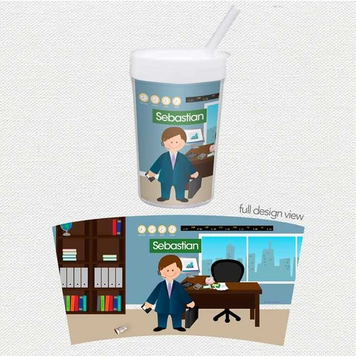 Spark & Spark A Boy Crunching Numbers Toddler Cup, a children's cup featuring a cartoon boy in a suit with a desk and computer, personalized with the name Sebastian.