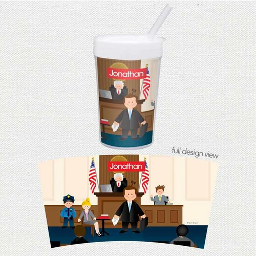 Spark & Spark Legally Correct Boy Toddler Cup with cartoon courtroom scene design featuring a judge, lawyer, and law enforcement characters.