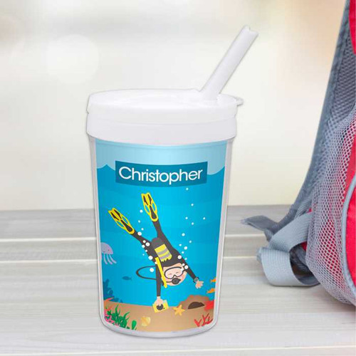 Spark & Spark Under the Sea Boy Toddler Cup, themed children's sippy cup with a scuba diver underwater design and a personalized name 'Christopher'.