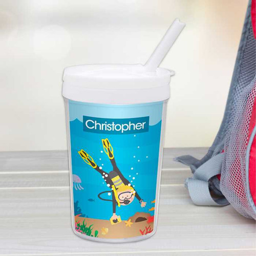Spark & Spark Under the Sea Boy Toddler Cup, underwater themed drink cup with a diver illustration and personalized name 'Christopher'.
