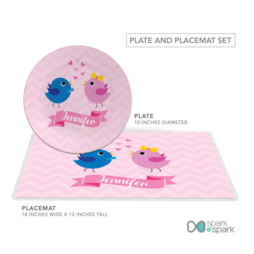Spark & Spark Sweet & Cute Birds Kids Plates, pink and purple bird-themed plate with 'Jennifer' name banner, matching pink placemat with bird design, 10-inch diameter plate and 18-inch wide placemat pattern.