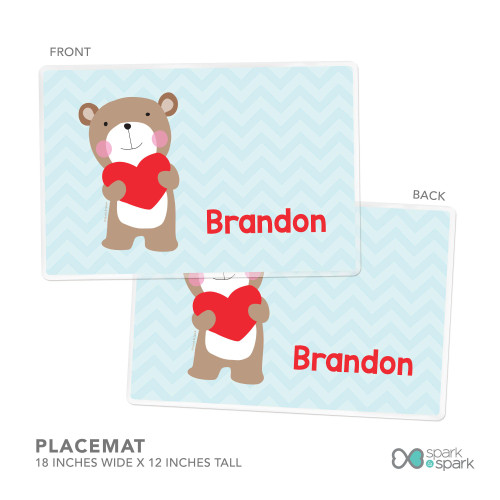 Spark & Spark Love Bear Kids Plates with a cute bear holding a red heart, personalized with the name Brandon, front and back view.