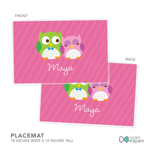 Spark & Spark Sweet Owls Kids Plates, pink placemat with colorful owl illustrations and the name Maya.