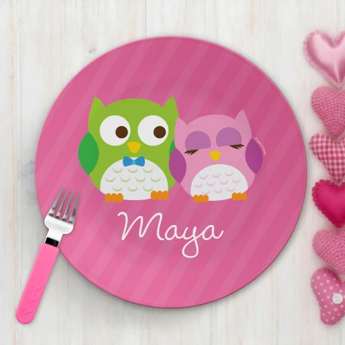 Spark & Spark Sweet Owls Kids Plates, pink round children's plate with colorful owl illustrations and personalized name 'Maya'.