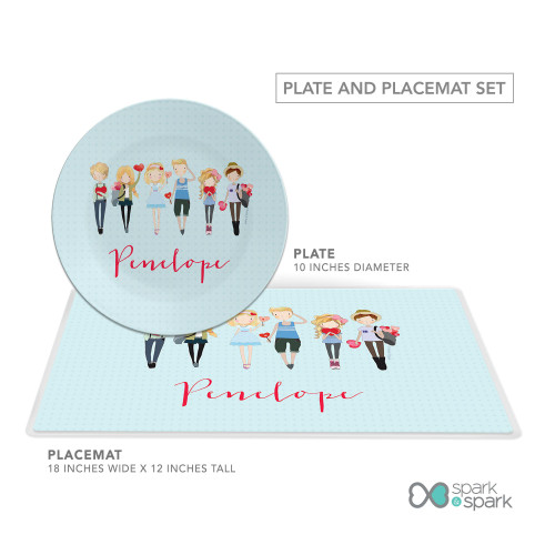 Spark & Spark Group of Love Kids Plates, round light blue plate with illustration of five girls holding hearts and the name 'Penelope' written in red, part of a plate and placemat set for children.