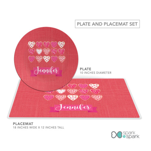 Spark & Spark Full of Hearts Kids Placemat, pink and red heart design with personalized name 'Jennifer' on the placemat.