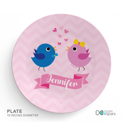 Spark & Spark Sweet & Cute Birds Kids Placemat, pink with cartoon birds and the name Jennifer