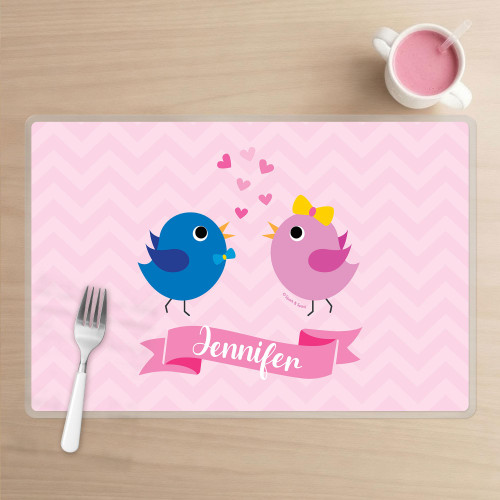Spark & Spark Sweet & Cute Birds Kids Placemat, pink placemat with cartoon birds and hearts, personalized with the name Jenifen.