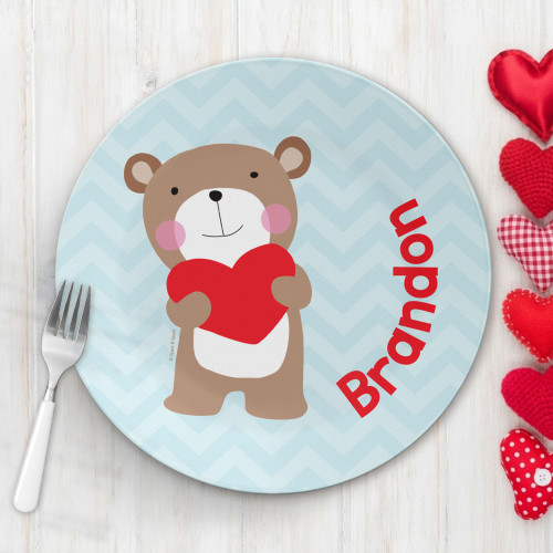 Spark & Spark Love Bear Kids Placemat, cartoon bear holding a red heart, with the custom name 'Brandon' in red text, designed for children.