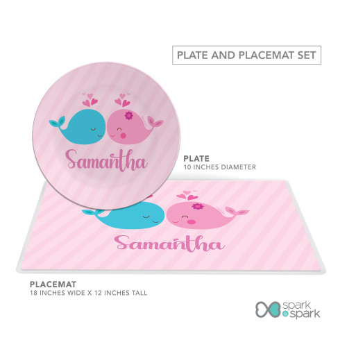 Spark & Spark Whales in Love Kids Placemat, pink with illustrations of cute blue and pink whales and the name Samantha in cursive.