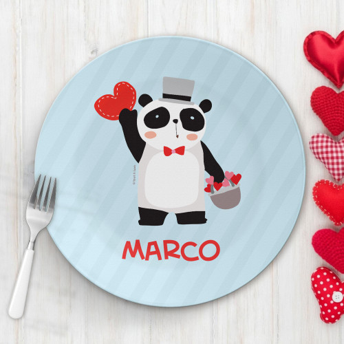 Spark & Spark Panda and Hearts Kids Placemat featuring a cute panda illustration holding a heart-shaped balloon and a basket of hearts, with the name 'MARCO' printed below, designed for children's dining table decor.
