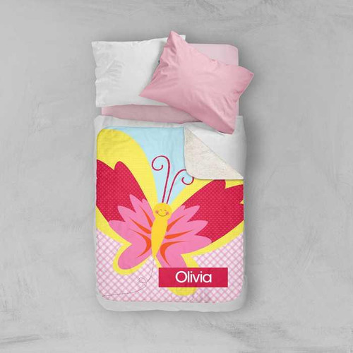 Spark & Spark Smiley Butterfly Sherpa Blanket, colorful butterfly design on a soft fleece blanket with personalized name Olivia.