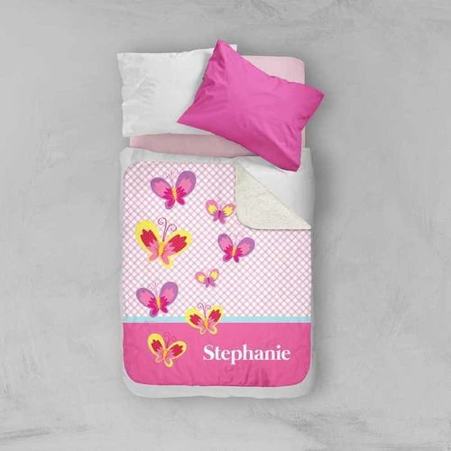 Spark & Spark Sweet Smiley Butterflies Sherpa Blanket, pink and white children’s blanket with butterfly design and personalized name 'Stephanie'. 