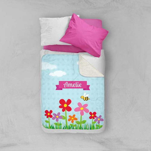 Spark & Spark Spring Flowers Sherpa Blanket, personalized blanket with colorful flower and bee design and a pink name tag.