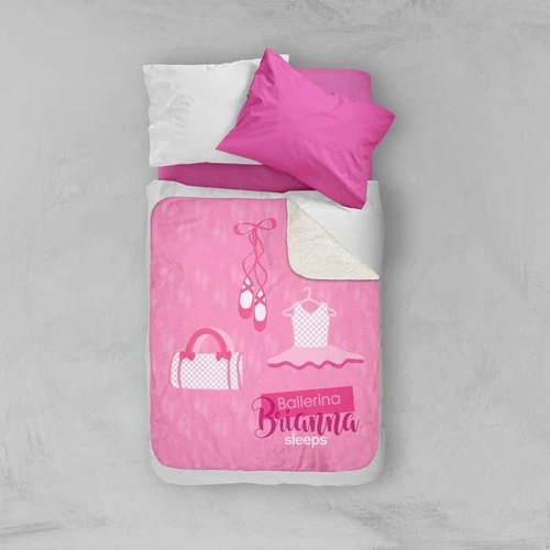 Spark & Spark Ready for Ballet Sherpa Blanket, pink ballet-themed children's blanket with ballet shoes, tutu, and bag illustrations.