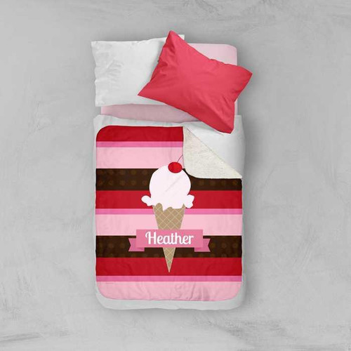 Spark & Spark Strawberry Cone Sherpa Blanket, personalized with the name Heather and featuring a cute ice cream cone design with pink, red, and brown stripes.