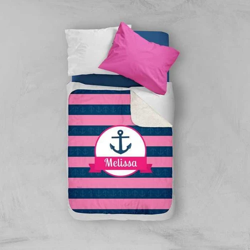Spark & Spark Let's Sail Pink Sherpa Blanket, personalized with a navy blue anchor pattern and a pink banner with the name Melissa.