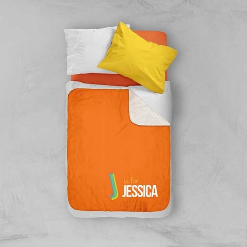 Spark & Spark Double Initial Orange Sherpa Blanket, personalized with the name Jessica and a colorful initial J design.