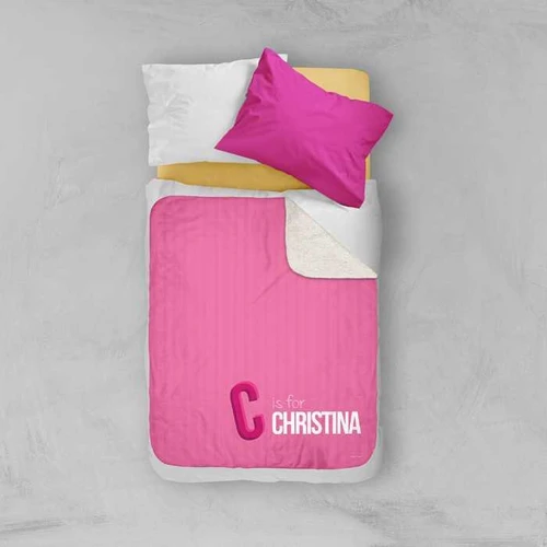 Spark & Spark Double Initial Pink Sherpa Blanket, pink personalized Sherpa blanket with initial 'C' and name 'Christina' embroidered on it.