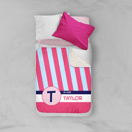 Double Initial & stripes Blue Sherpa Blanket