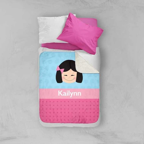 Spark & Spark Just Like Me Girl Lite Blue Sherpa Blanket with personalized name Kailynn, featuring a cute girl illustration and soft Sherpa material.