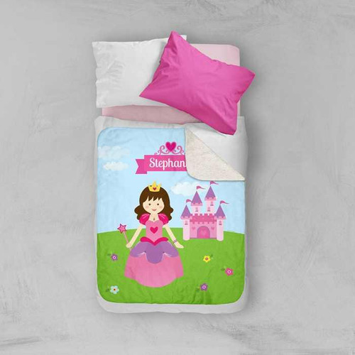 Spark & Spark Sweet Little Princess Sherpa Blanket, colorful princess and castle design with personalized name Stefanie.