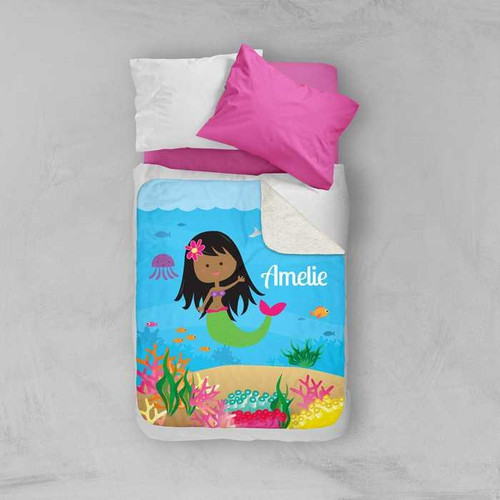 Spark & Spark Sweet Mermaid Sherpa Blanket, colorful children's mermaid themed plush blanket with an undersea scene and the name Amelie embroidered on it.