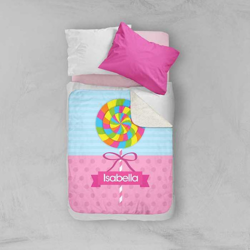 Spark & Spark Yummy Lollipop Sherpa Blanket, colorful lollipop design with pink bow and personalized name Isabella, perfect for children's bedding.