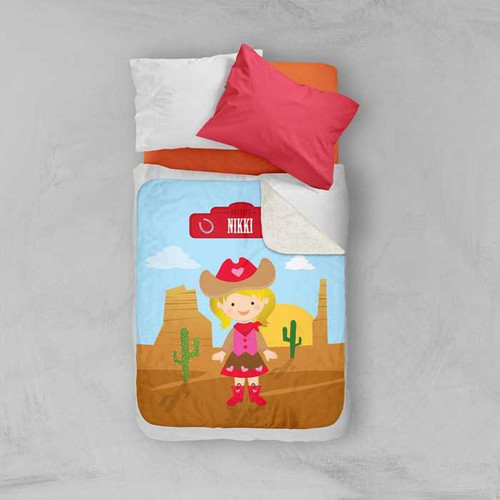 Spark & Spark Cowgirl Sherpa Blanket, colorful children's blanket featuring a cute cowgirl design with cactus and desert scenery.