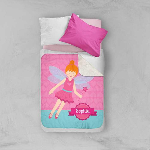 Spark & Spark Fairy Girl Sherpa Blanket, pink and blue blanket featuring a fairy girl design with the name Sophia on it.