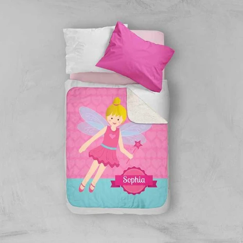Spark & Spark Fairy Girl Sherpa Blanket, pink and blue fairy-themed children's blanket with a personalized name "Sophia" on it.