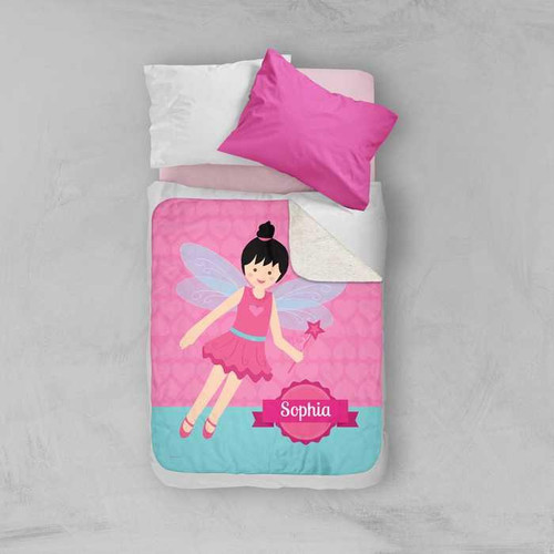 Spark & Spark Fairy Girl Sherpa Blanket, pink and blue blanket featuring a fairy girl with wings and a wand with the name Sophia.