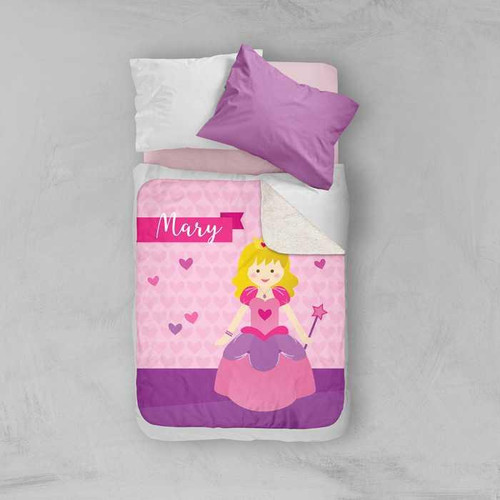 Spark & Spark Cute Princess Sherpa Blanket, pink children's blanket with a princess and hearts design, personalized with the name Mary on a banner.
