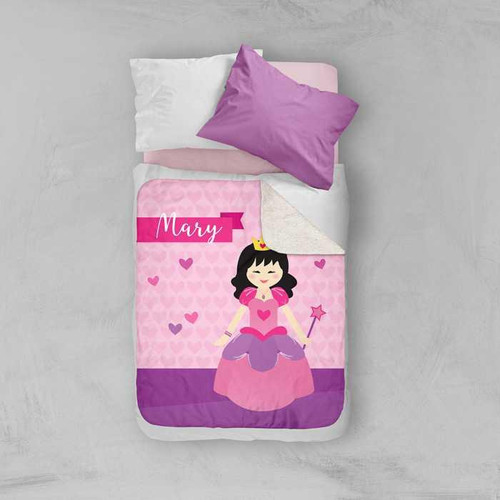 Spark & Spark Cute Princess Sherpa Blanket, pink blanket with a cartoon princess design, personalized with the name Mary.