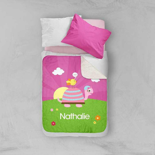 Spark & Spark Turtle And Happy Bird Sherpa Blanket with personalized name Nathalie, featuring colorful cartoon animals and a vibrant design.